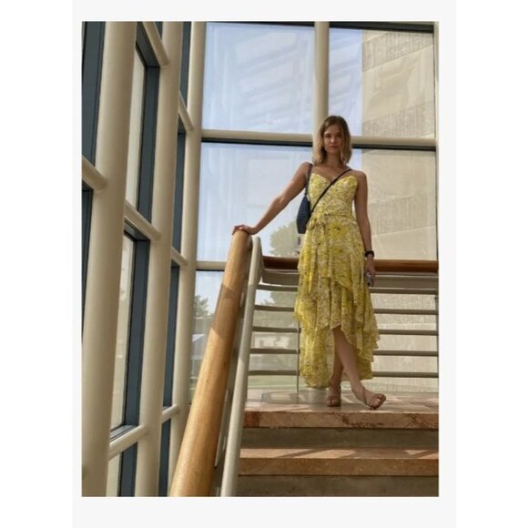 Badgley Mischka Womens Floral Print Dress in Yellow 0 Long Gown Maxi - Picture 12 of 14